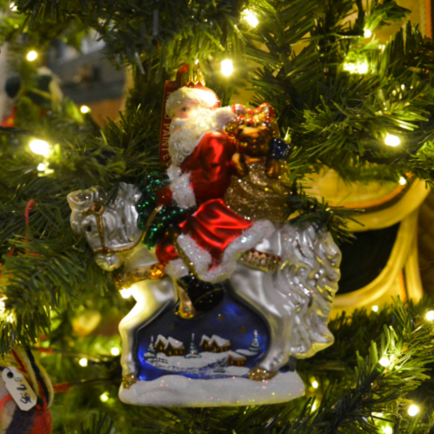 Santa Claus Riding Horse with Winter Scene Polish Glass Christmas Tree Ornament