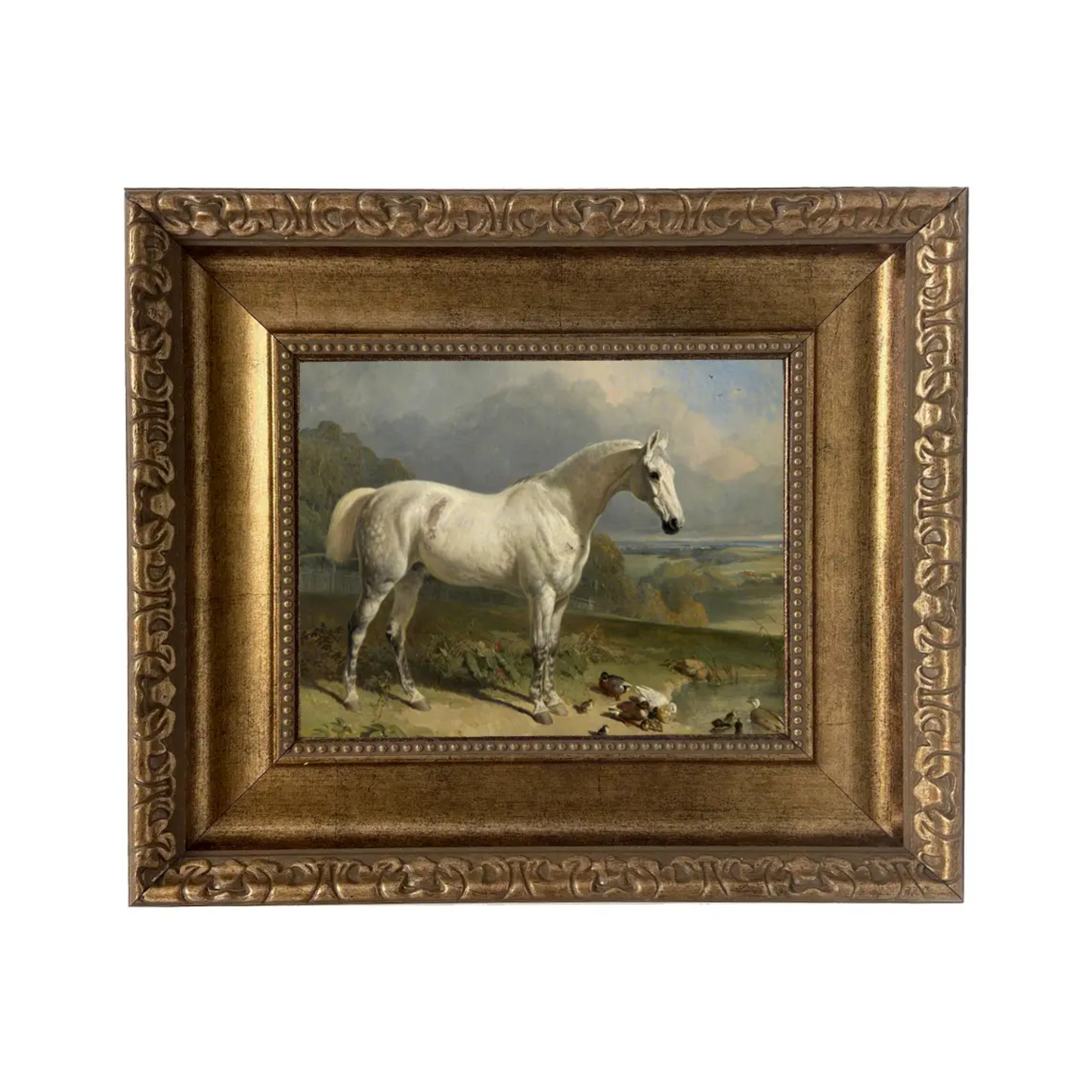 Gray Horse with Ducks Vintage Painting Print on Canvas