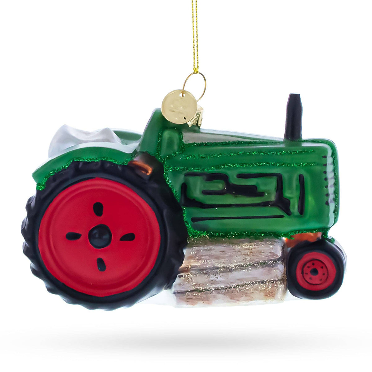 Green Tractor with Crop Barrels Glass Ornament