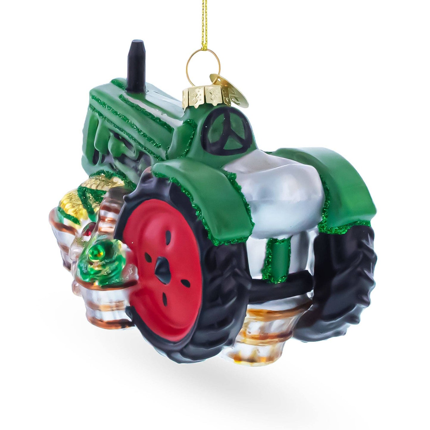 Green Tractor with Crop Barrels Glass Ornament