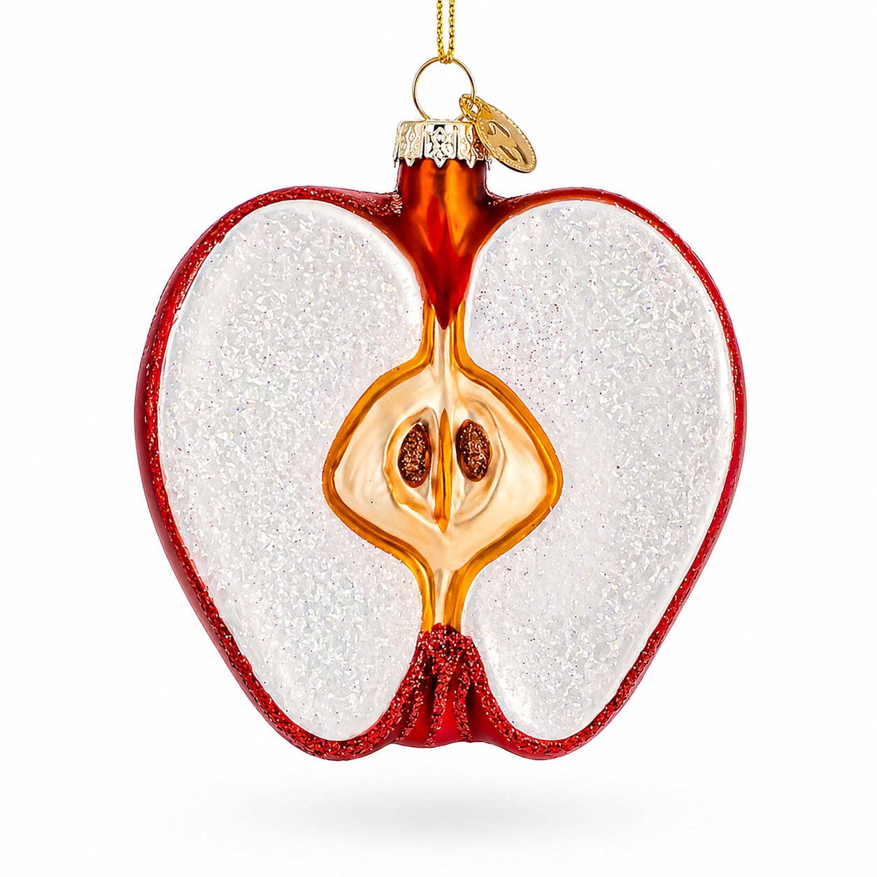 Red Apple Half with Seeds Glass Christmas Ornament