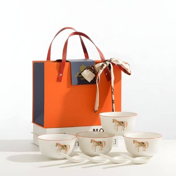 Ceramic Bowls Set with Horse Pattern