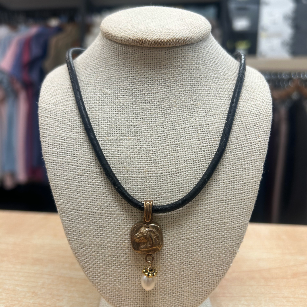 Jeweled Pony Pony/Pearl Necklace on Leather