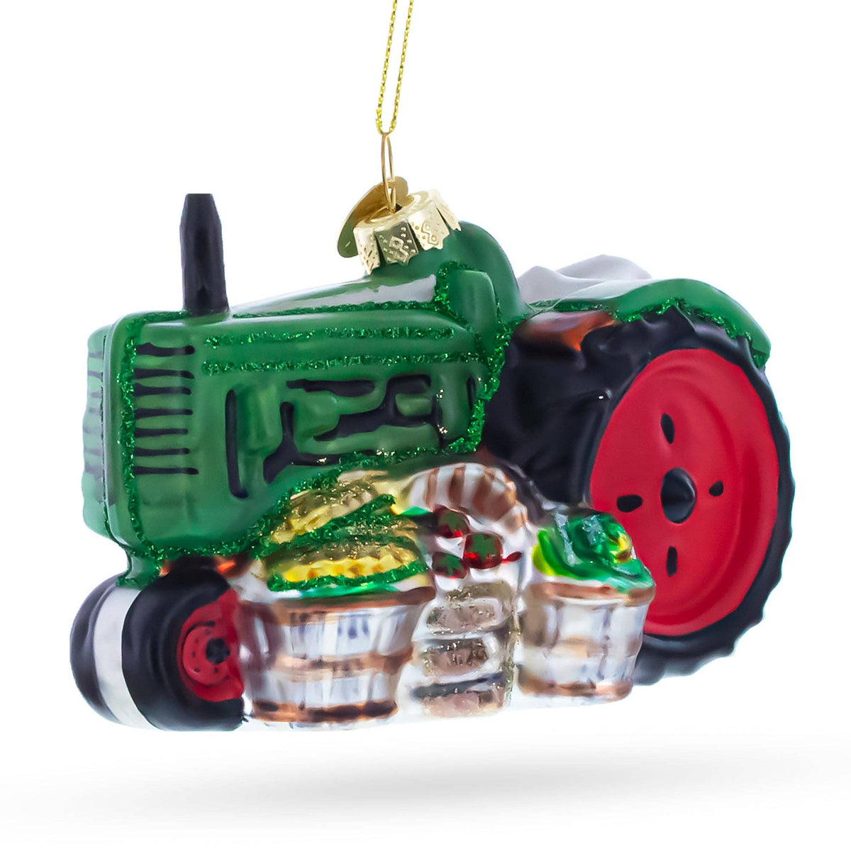 Green Tractor with Crop Barrels Glass Ornament