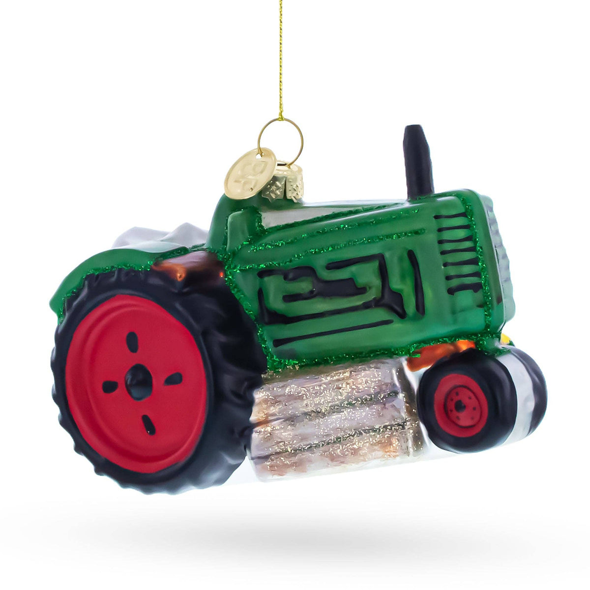 Green Tractor with Crop Barrels Glass Ornament