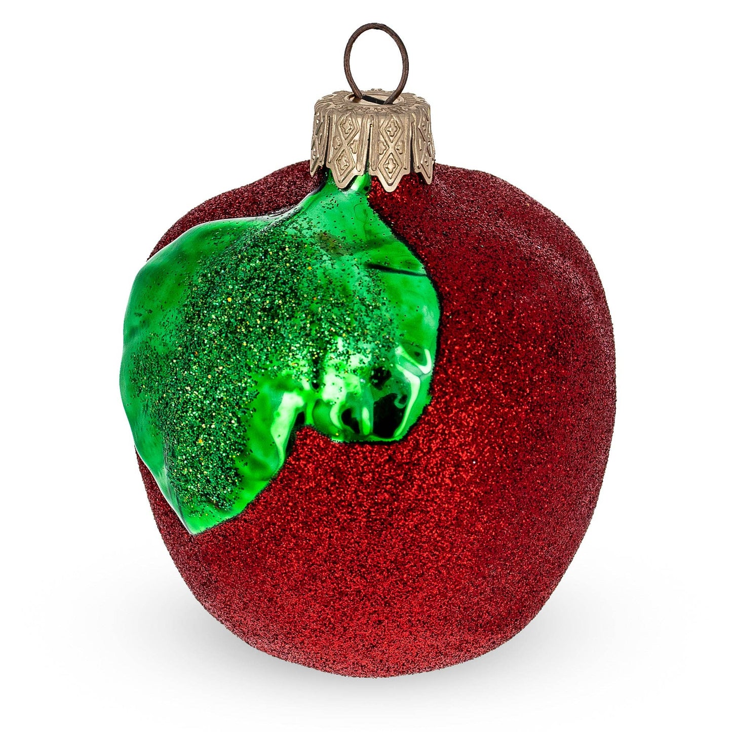 Red Apple with Green Leaf Glass Ornament
